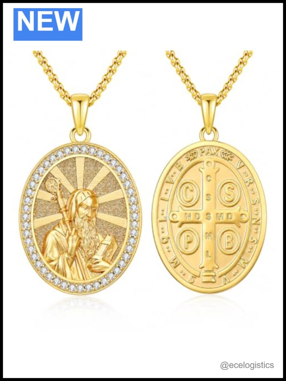 14K Gold Patron Saint Medal Pendant Necklace Stainless Steel Chain